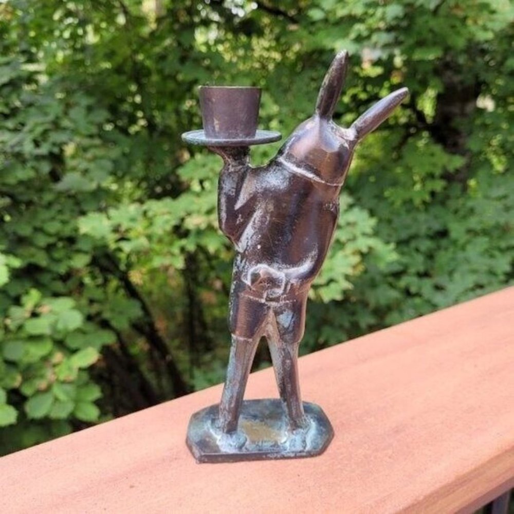 SOLD: VTG Alice in Wonderland Rabbit in a Suit Brass Candlestick Holder Woodland - Picture 5 of 6